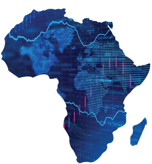 blue Africa map revealing global finance charts